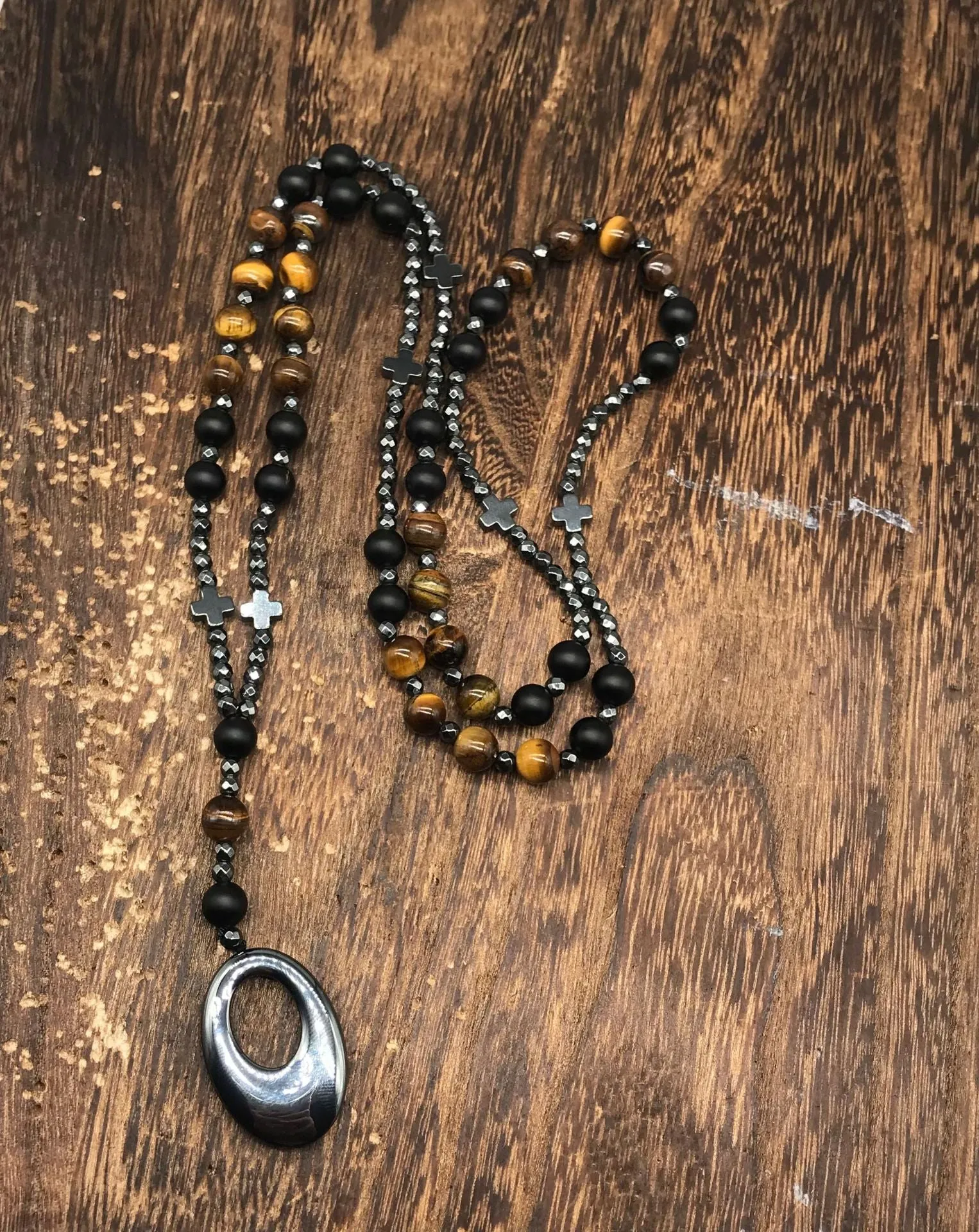 Stone cross pendant necklace with geometric design on 80cm bead chain
