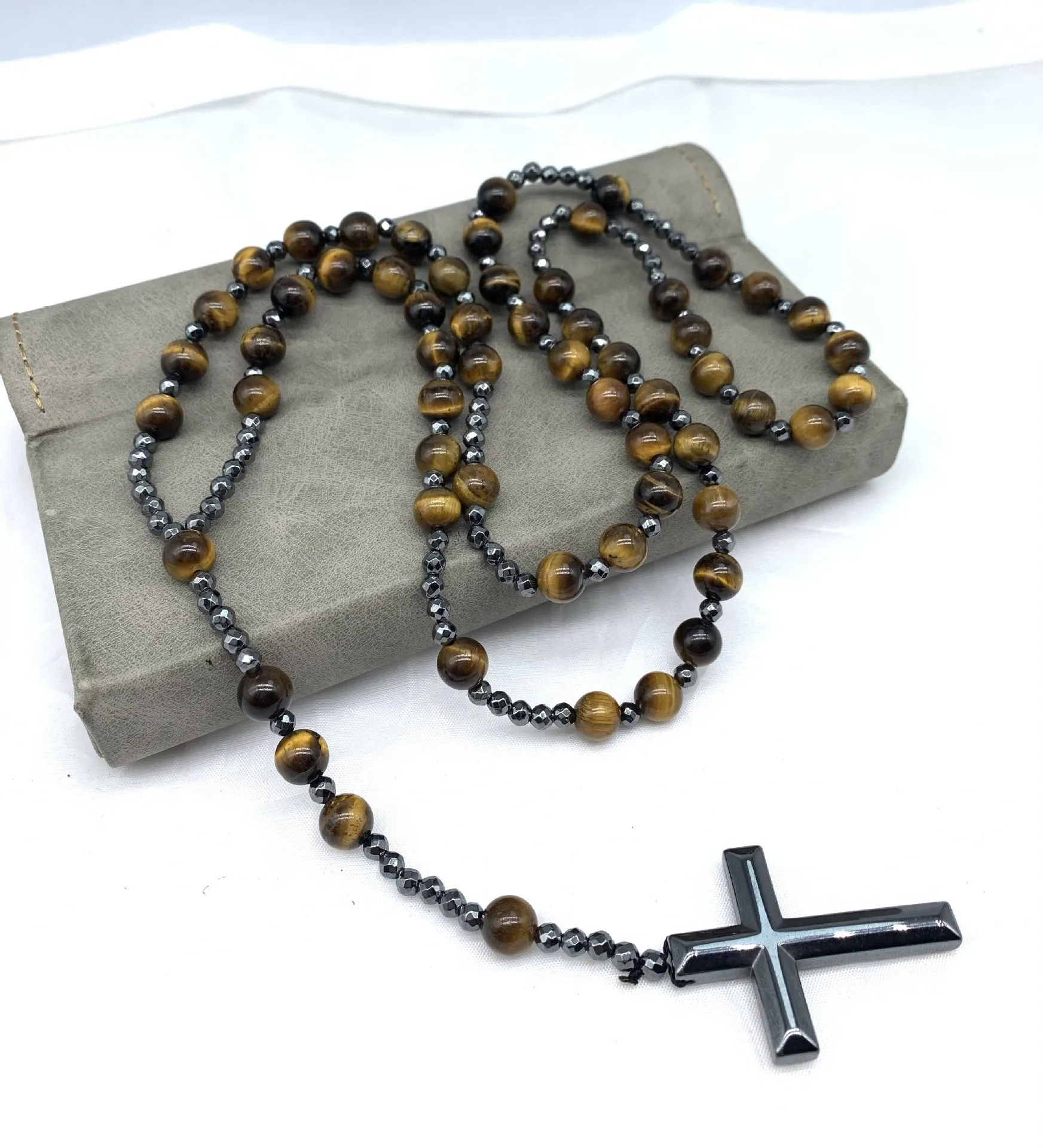 Stone cross pendant necklace with geometric design on 80cm bead chain