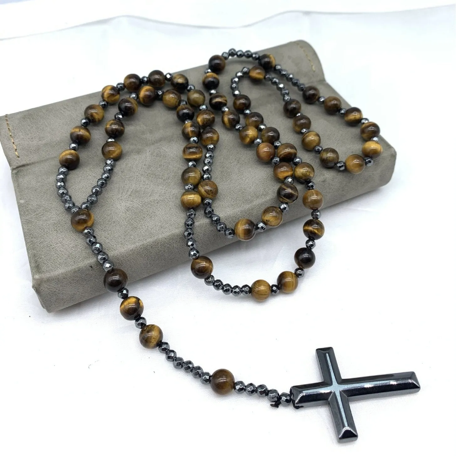 Stone cross pendant necklace with geometric design on 80cm bead chain