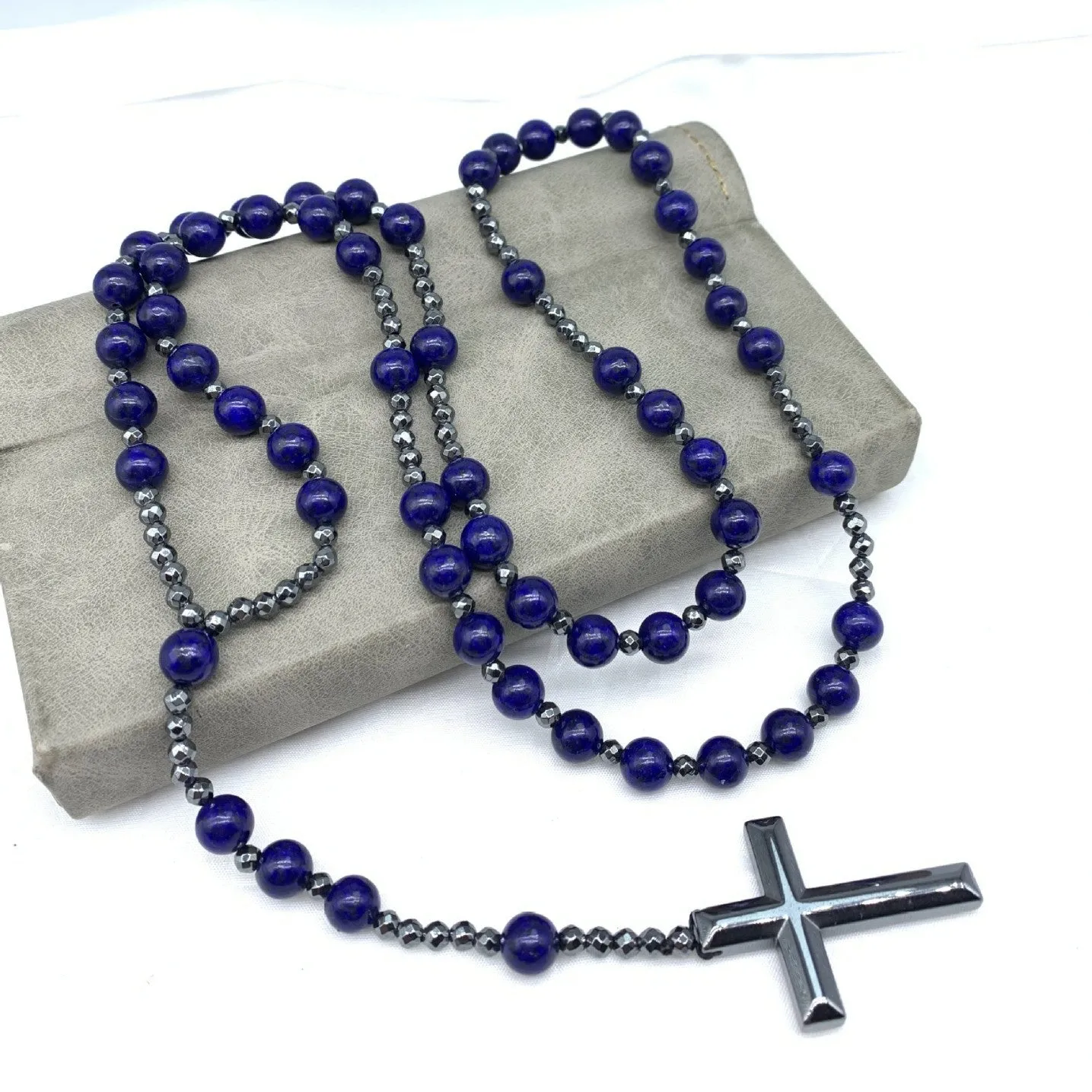 Stone cross pendant necklace with geometric design on 80cm bead chain