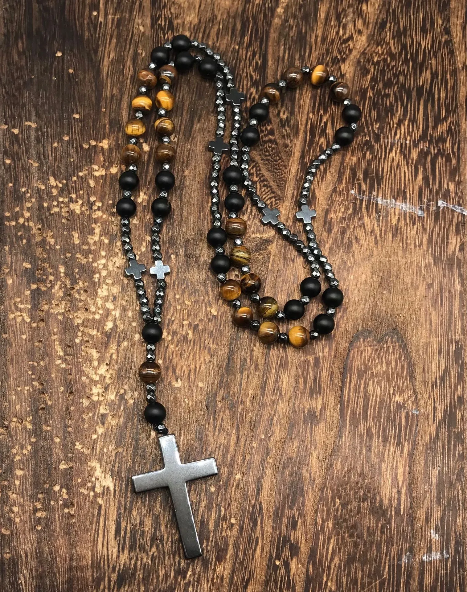 Stone cross pendant necklace with geometric design on 80cm bead chain