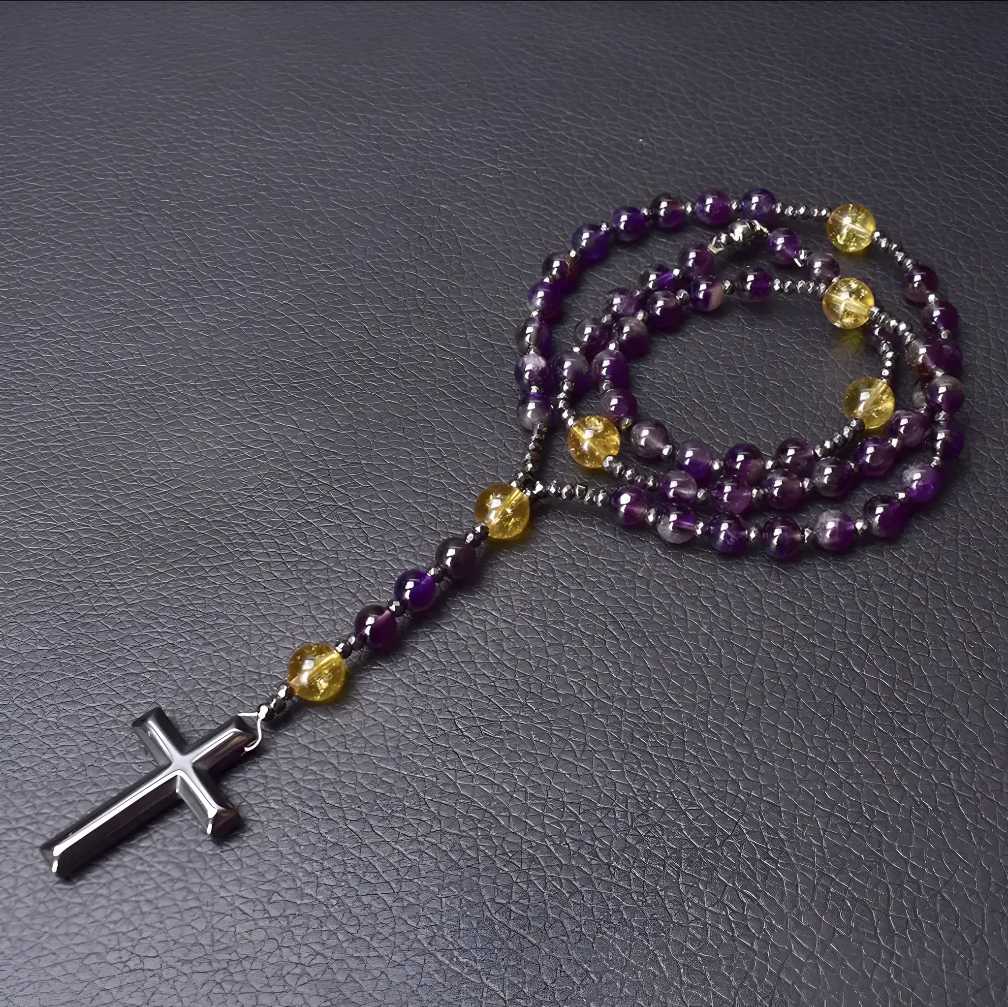 Stone cross pendant necklace with geometric design on 80cm bead chain