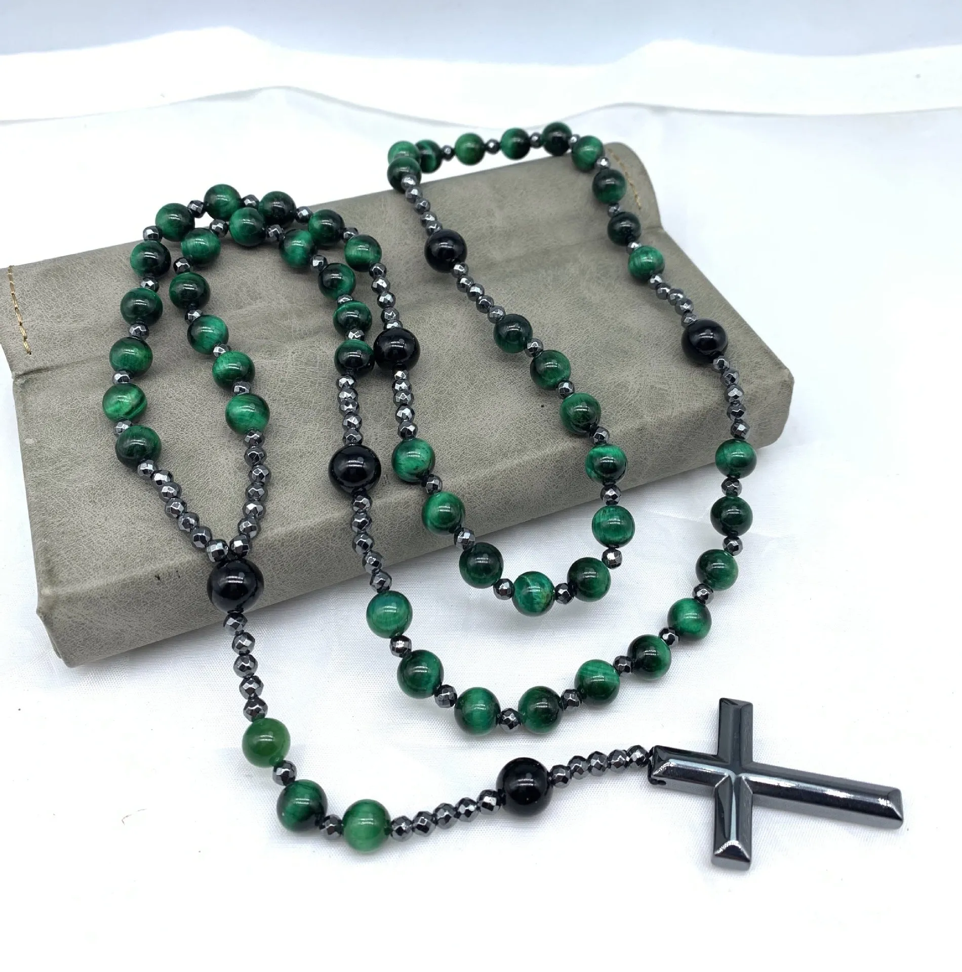 Stone cross pendant necklace with geometric design on 80cm bead chain