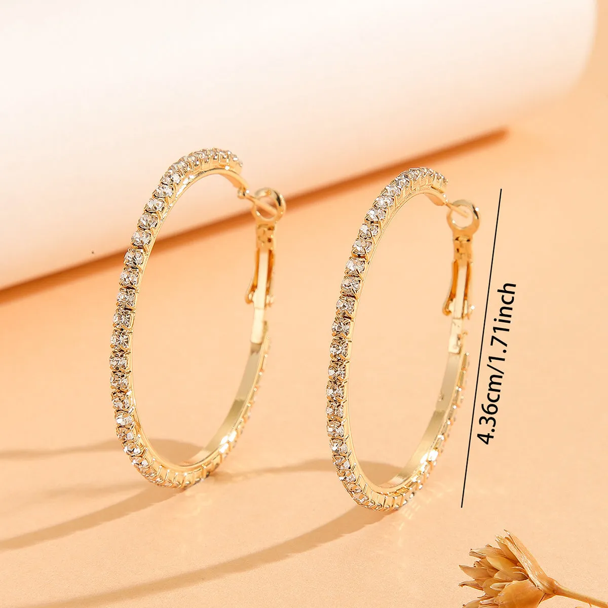 Gold plated copper zircon inlaid princess style large earrings for women, gold white colour, 1 pair