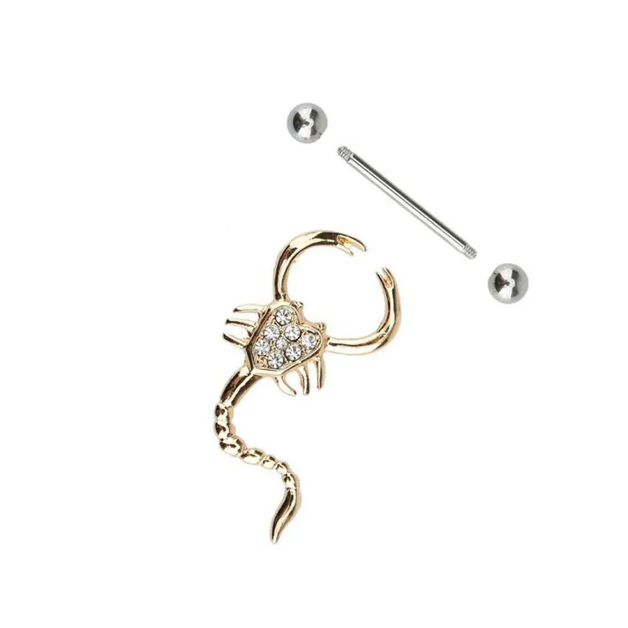 Gold 14g scorpion body piercing jewellery with crystal diamond and 316L steel needle.