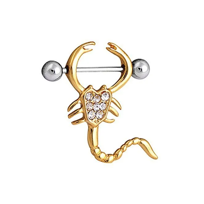 Gold 14g scorpion body piercing jewellery with crystal diamond and 316L steel needle.