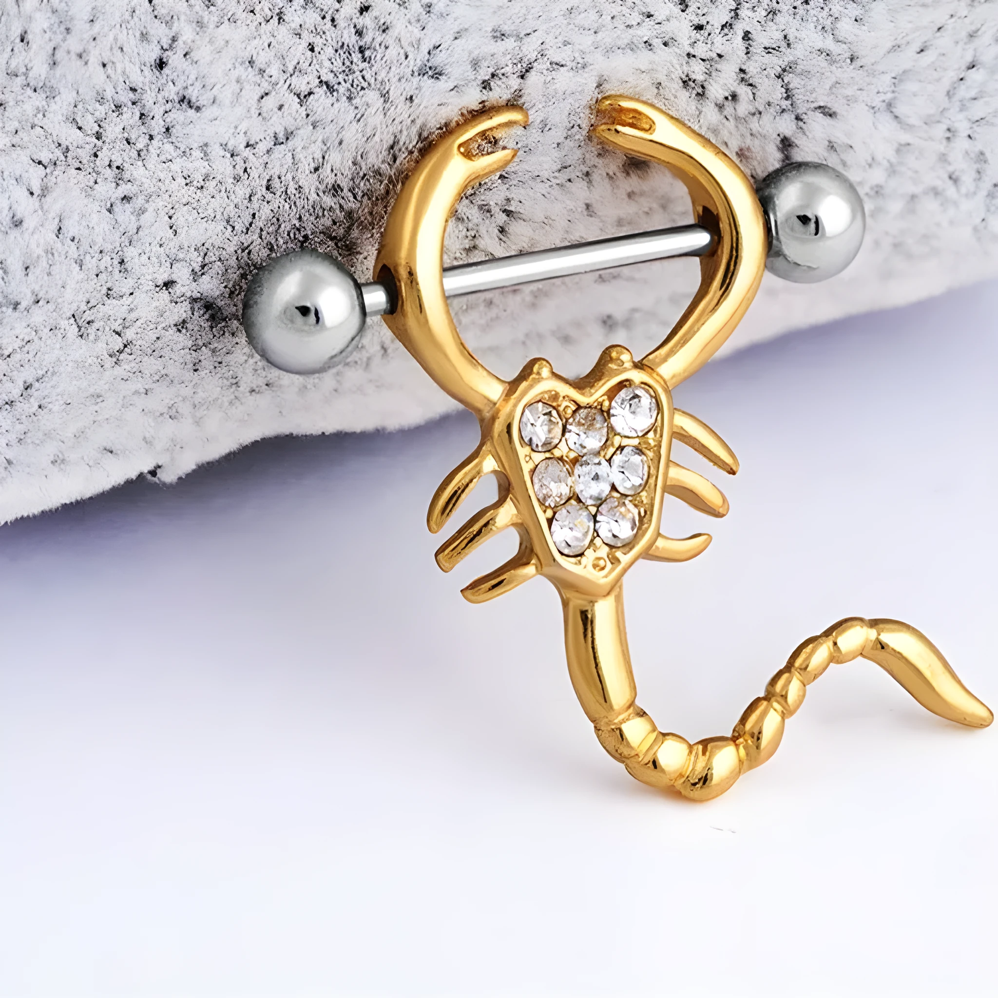 Gold 14g scorpion body piercing jewellery with crystal diamond and 316L steel needle.