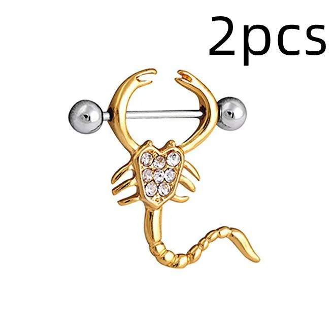 Gold 14g scorpion body piercing jewellery with crystal diamond and 316L steel needle.