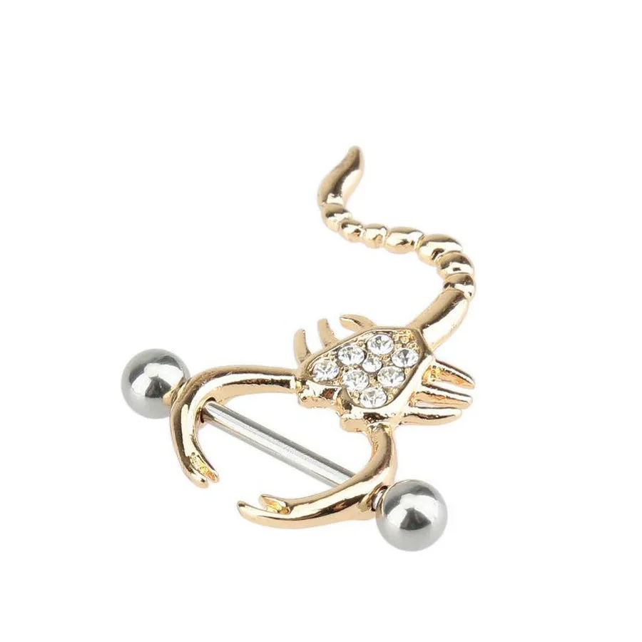 Gold 14g scorpion body piercing jewellery with crystal diamond and 316L steel needle.