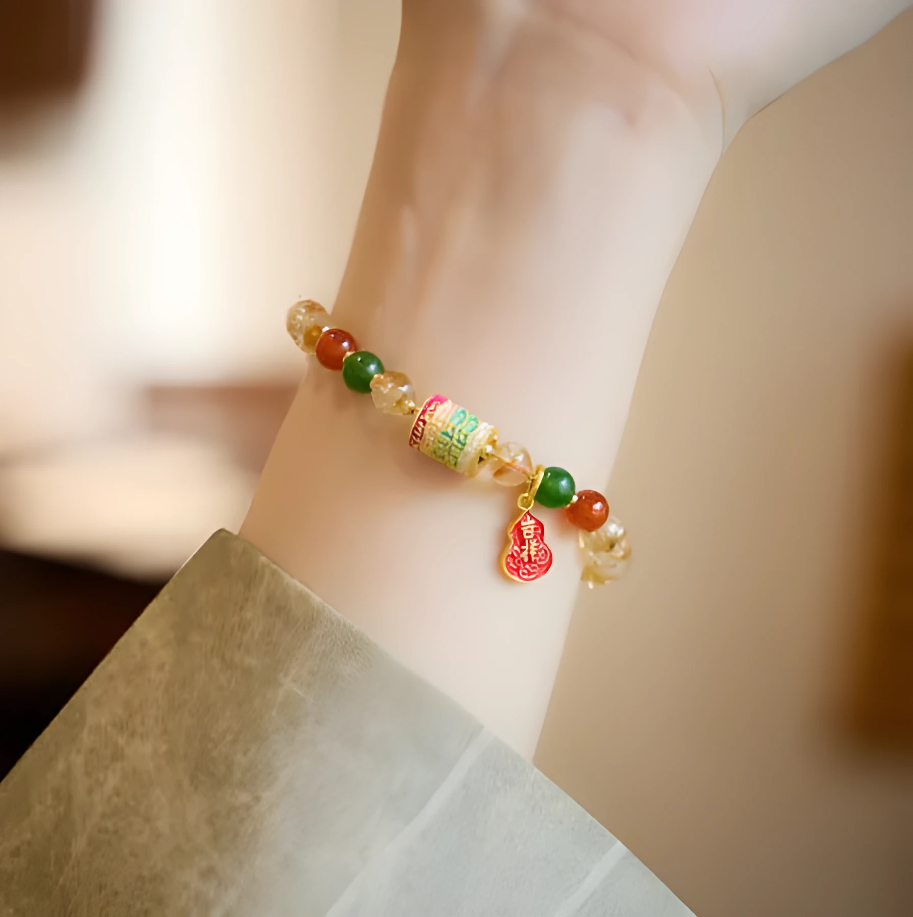 Hand-woven citrine crystal bracelet with five-sutra geometric design and 6mm beads