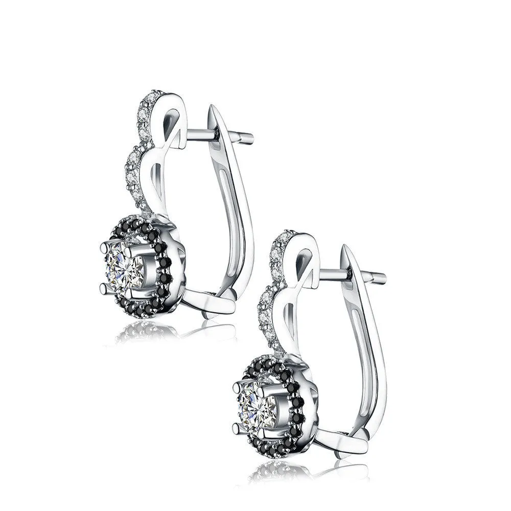 S925 sterling silver geometric drop earrings with black onyx and zircon inlay on white background