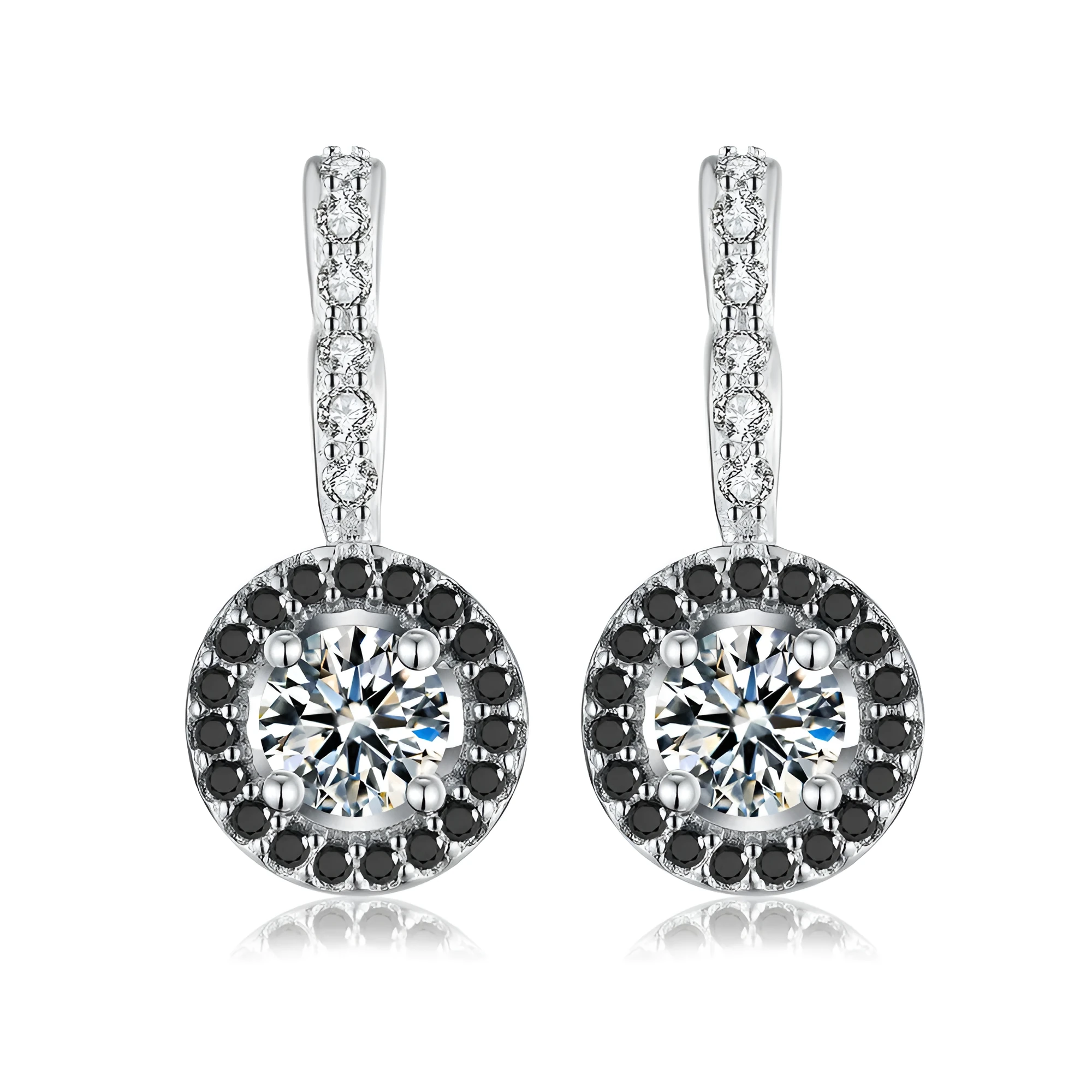 S925 sterling silver geometric drop earrings with black onyx and zircon inlay on white background