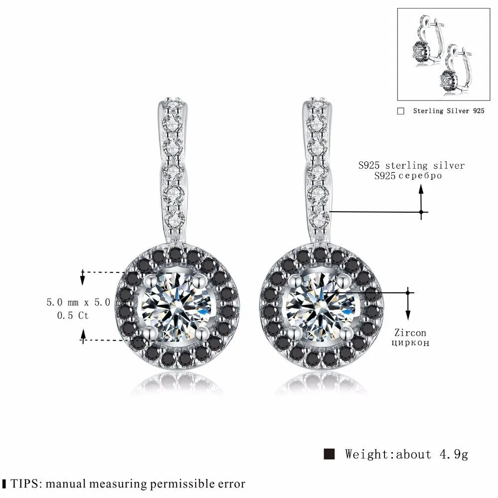 S925 sterling silver geometric drop earrings with black onyx and zircon inlay on white background