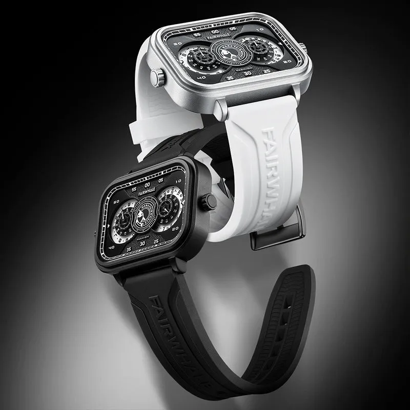 Men's multi-functional quartz watch with luminous display, alloy case, and silicone strap on a white background