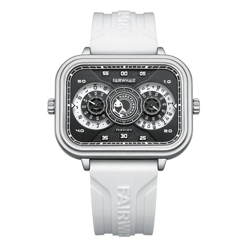 Men's multi-functional quartz watch with luminous display, alloy case, and silicone strap on a white background