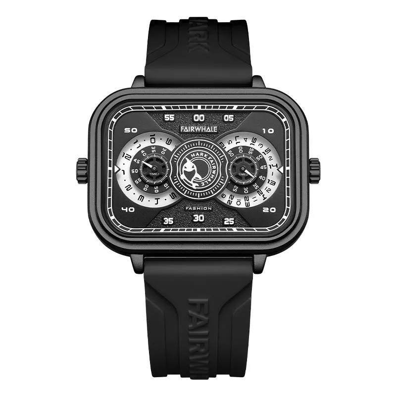 Men's multi-functional quartz watch with luminous display, alloy case, and silicone strap on a white background