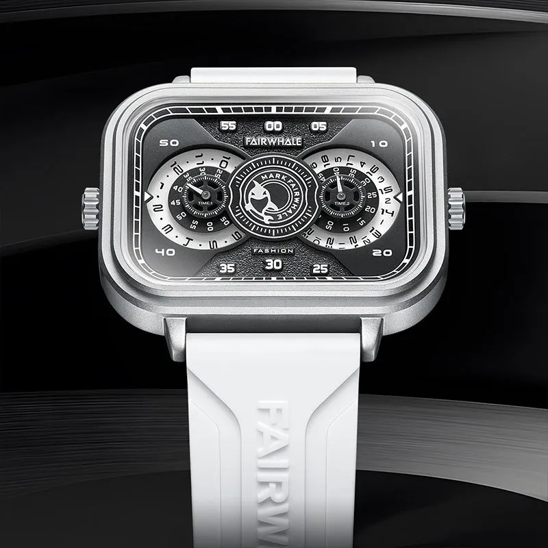 Men's multi-functional quartz watch with luminous display, alloy case, and silicone strap on a white background