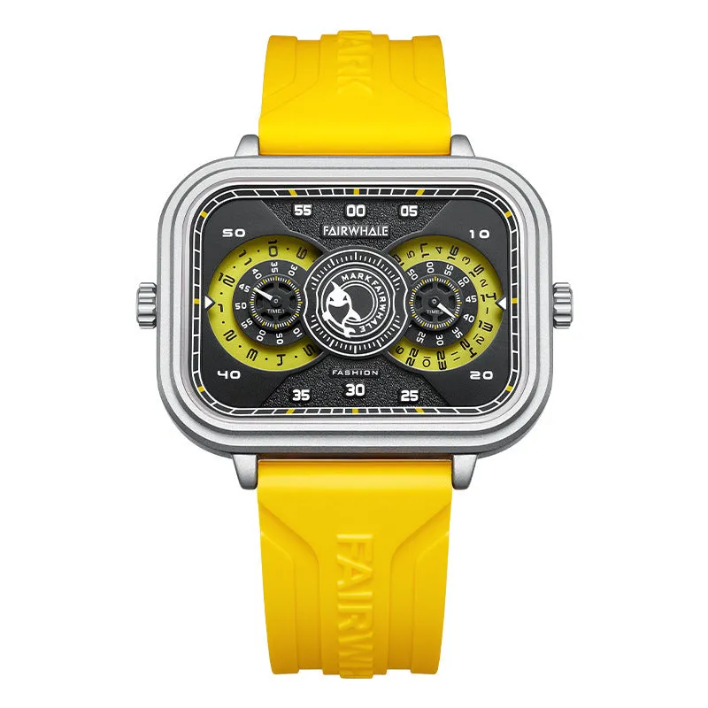 Men's multi-functional quartz watch with luminous display, alloy case, and silicone strap on a white background