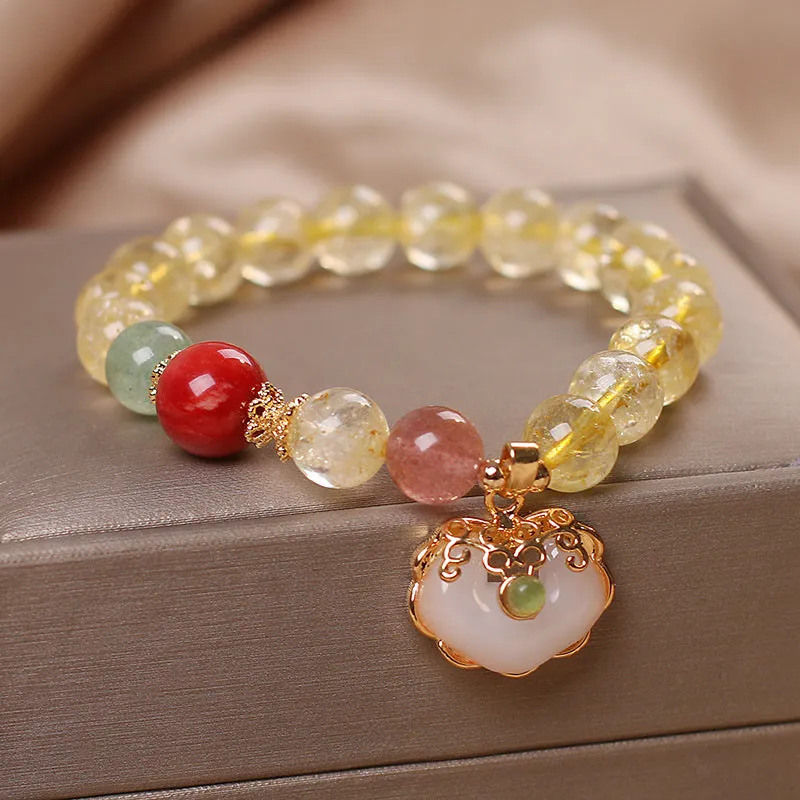 Women's bracelet with natural citrine jade ruyi pendant in yellow hair crystal colour on alloy band