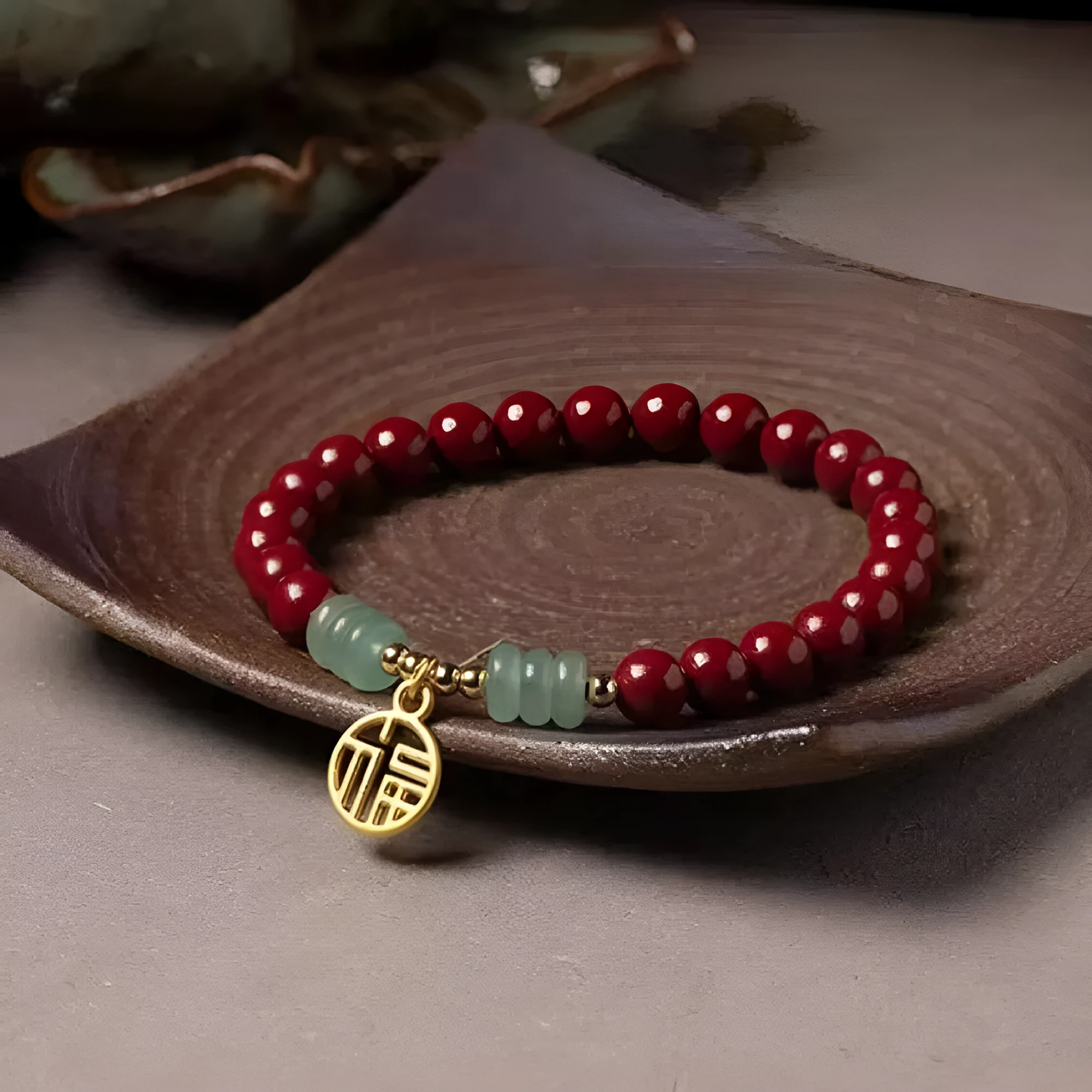 Traditional handmade gold cinnabar wave bracelet with copper bead accents in pumpkin or brand cinnabar colour options