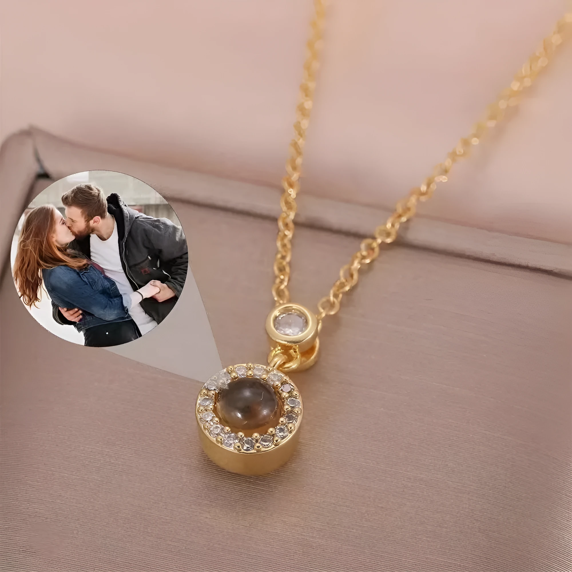 Round copper pendant with nano micro-engraved text and photo projection, multi-layer cross chain, women's jewellery
