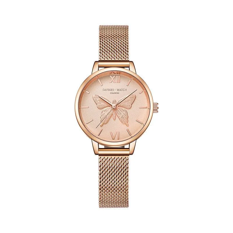Women's quartz wrist watch with bee and butterfly decoration, small three-hand display, 10m water resistant, style option A