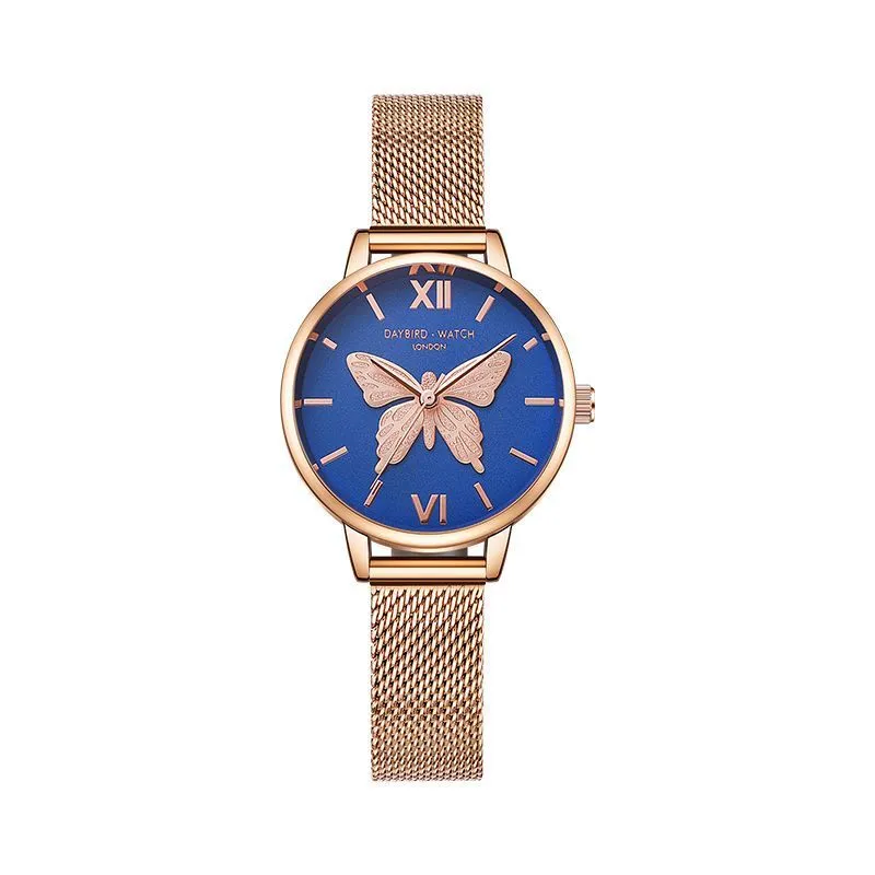 Women's quartz wrist watch with bee and butterfly decoration, small three-hand display, 10m water resistant, style option A