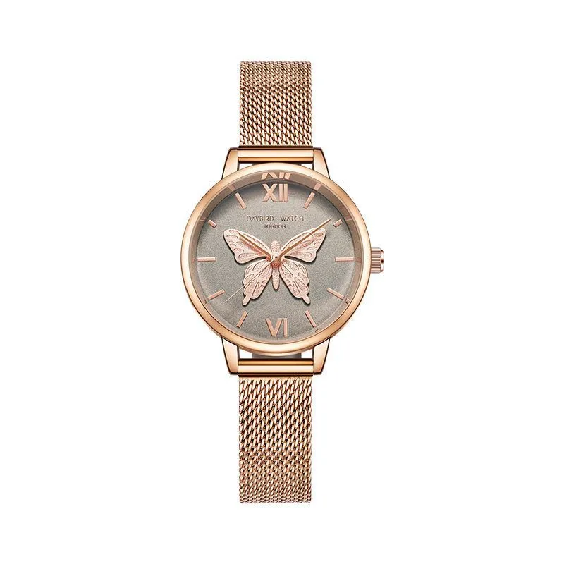 Women's quartz wrist watch with bee and butterfly decoration, small three-hand display, 10m water resistant, style option A