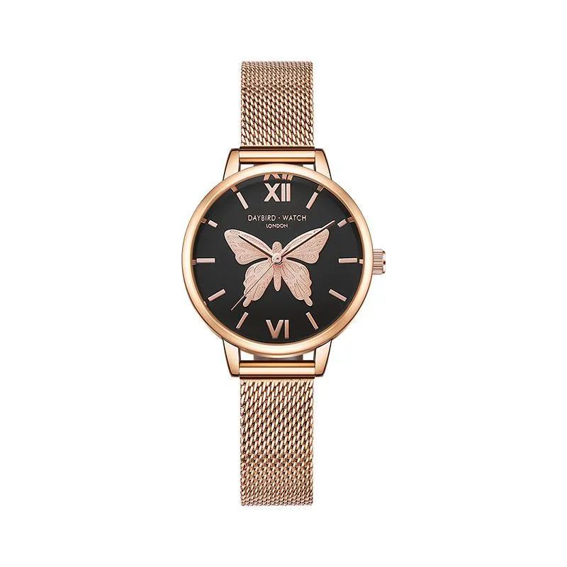 Women's quartz wrist watch with bee and butterfly decoration, small three-hand display, 10m water resistant, style option A