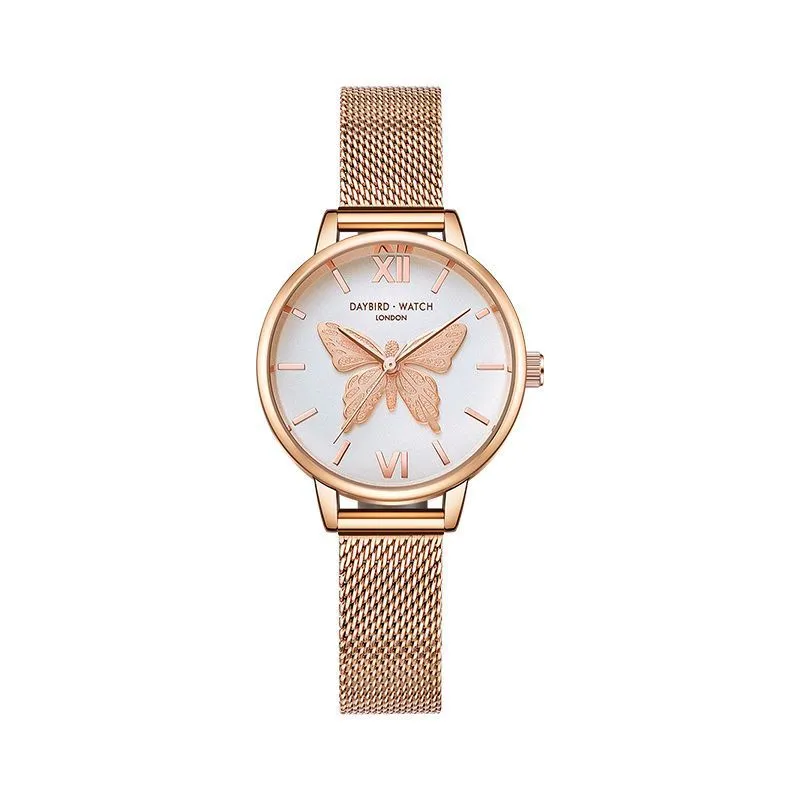 Women's quartz wrist watch with bee and butterfly decoration, small three-hand display, 10m water resistant, style option A