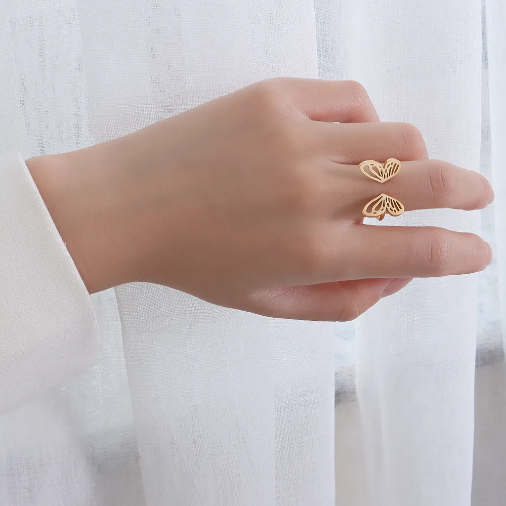 Titanium steel hollow butterfly ring with adjustable opening in gold colour