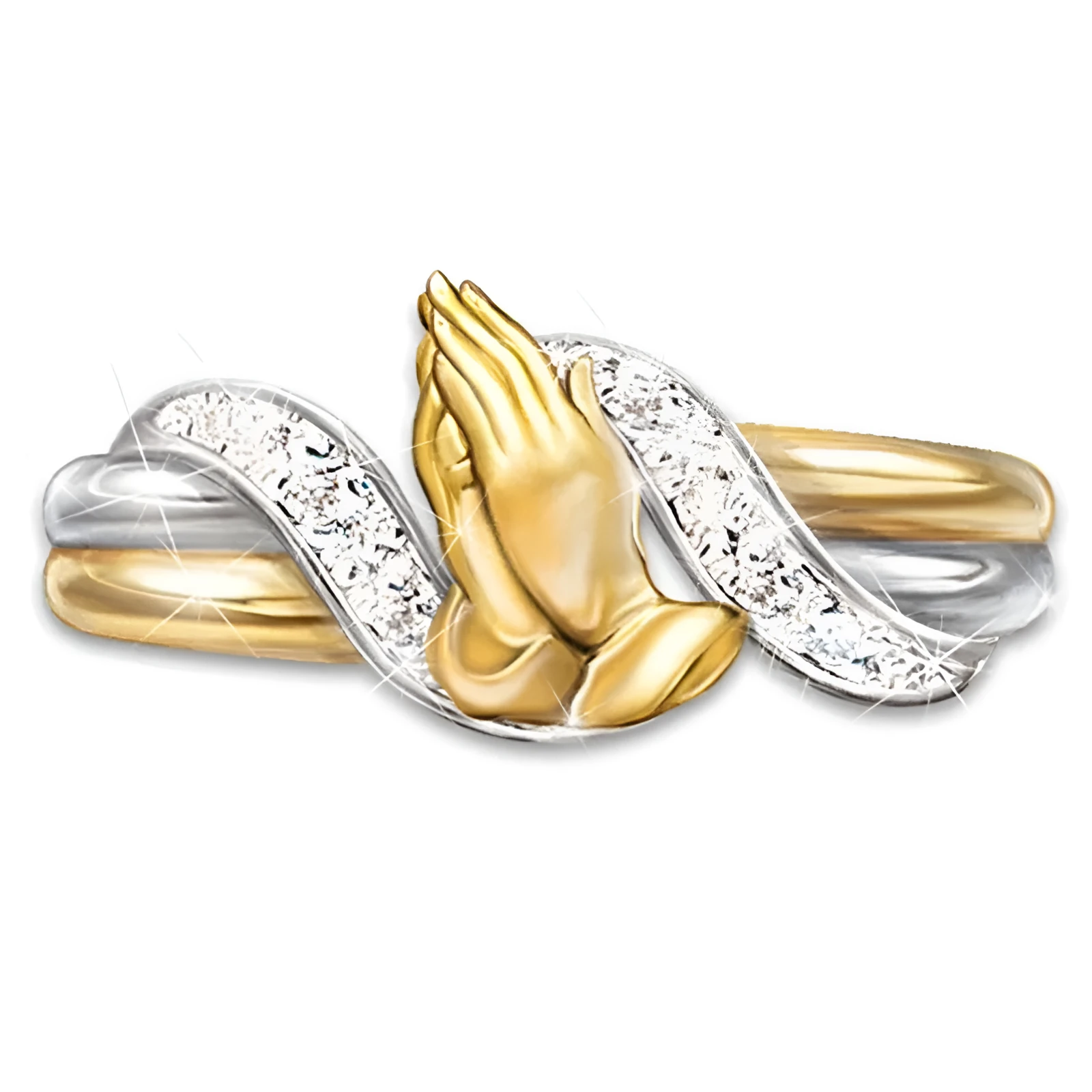 14K gold electroplated prayer hands ring for women, geometric design, alloy with artificial gem inlay, 4 grams, gold finish