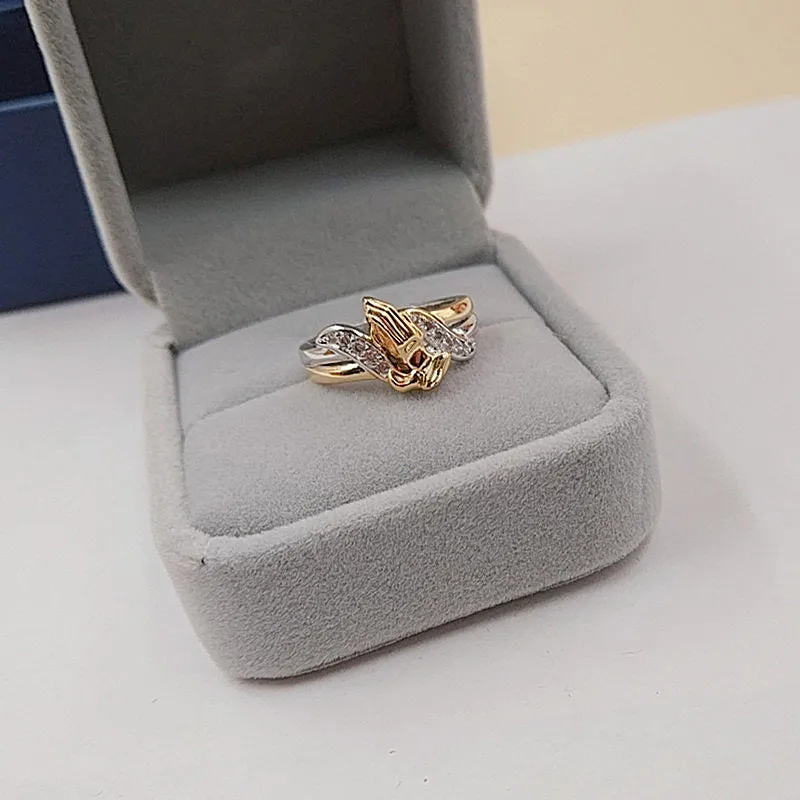 14K gold electroplated prayer hands ring for women, geometric design, alloy with artificial gem inlay, 4 grams, gold finish