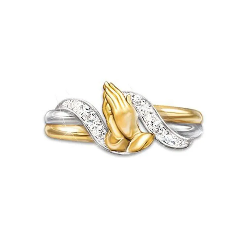14K gold electroplated prayer hands ring for women, geometric design, alloy with artificial gem inlay, 4 grams, gold finish