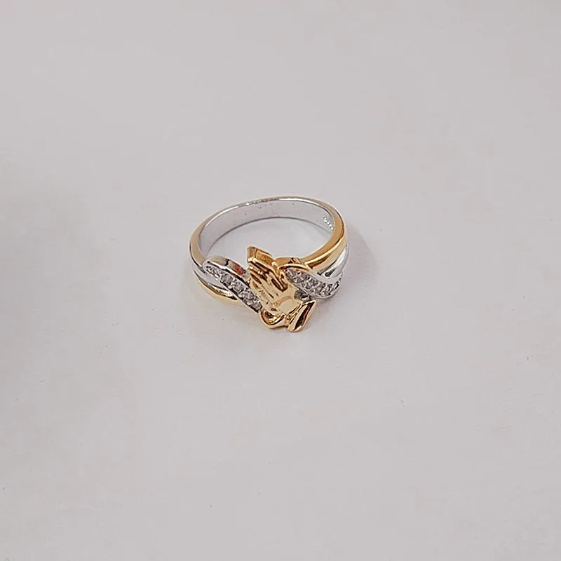 14K gold electroplated prayer hands ring for women, geometric design, alloy with artificial gem inlay, 4 grams, gold finish