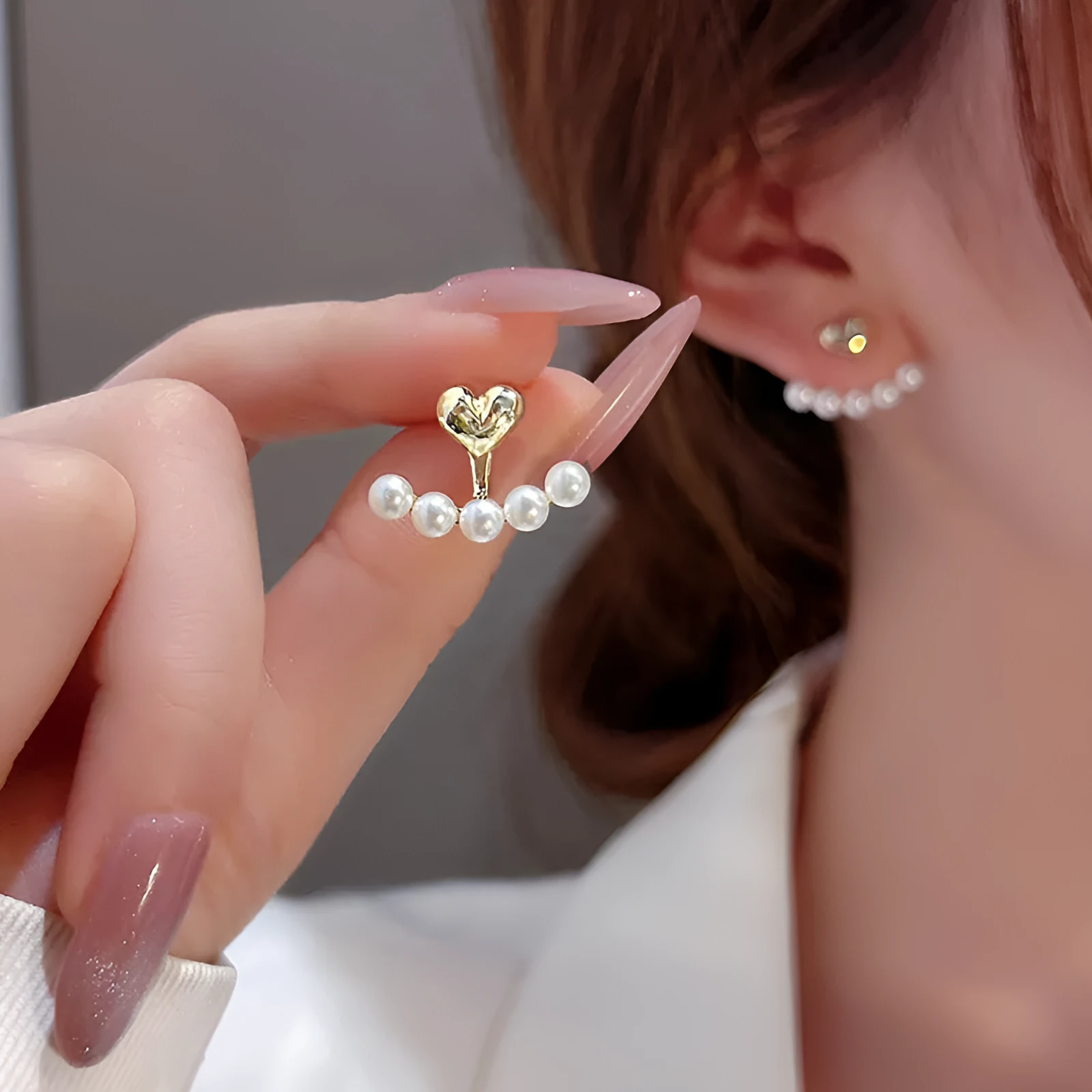 Silver needle small pearl heart stud earrings for women A035 colour zinc alloy geometric design