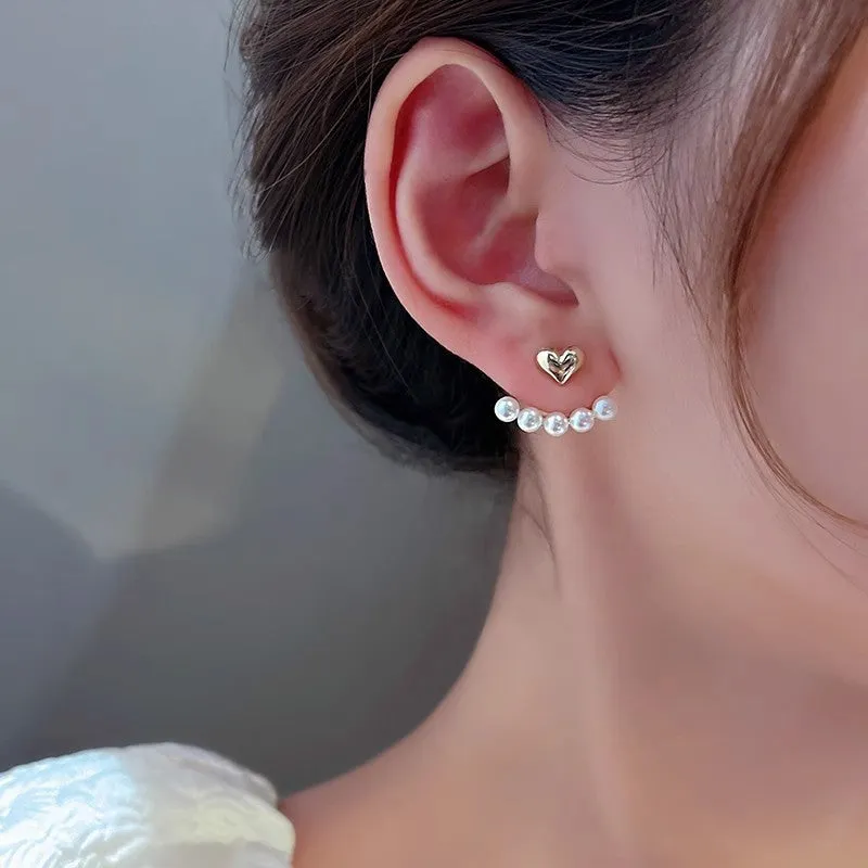 Silver needle small pearl heart stud earrings for women A035 colour zinc alloy geometric design