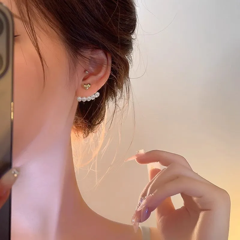 Silver needle small pearl heart stud earrings for women A035 colour zinc alloy geometric design