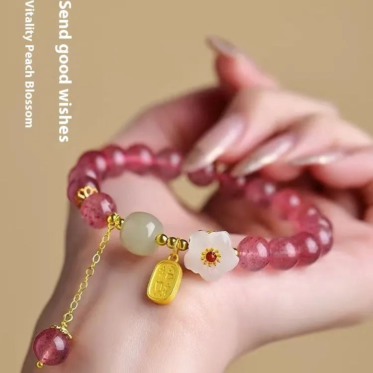 Handmade strawberry quartz crystal bracelet with Hetian jade peach blossom decoration and various charm styles