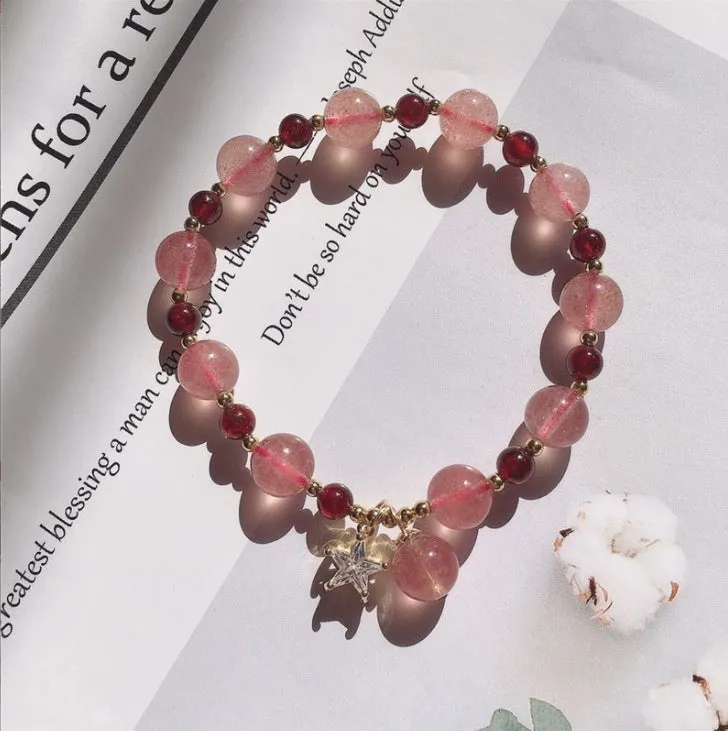Handmade strawberry quartz crystal bracelet with Hetian jade peach blossom decoration and various charm styles