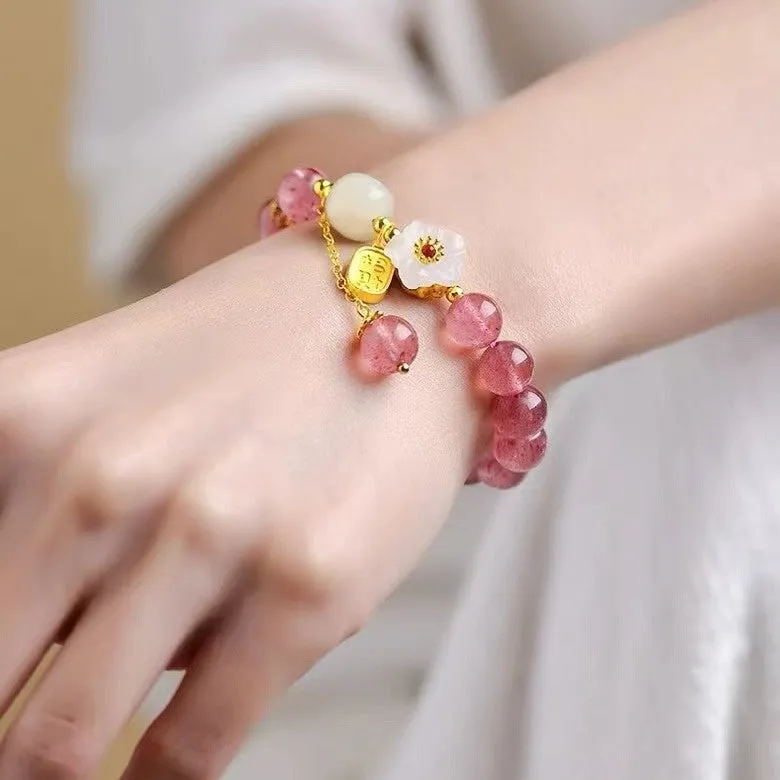 Handmade strawberry quartz crystal bracelet with Hetian jade peach blossom decoration and various charm styles