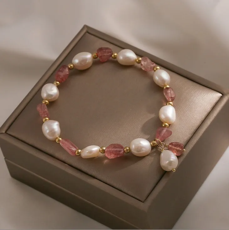 Handmade strawberry quartz crystal bracelet with Hetian jade peach blossom decoration and various charm styles