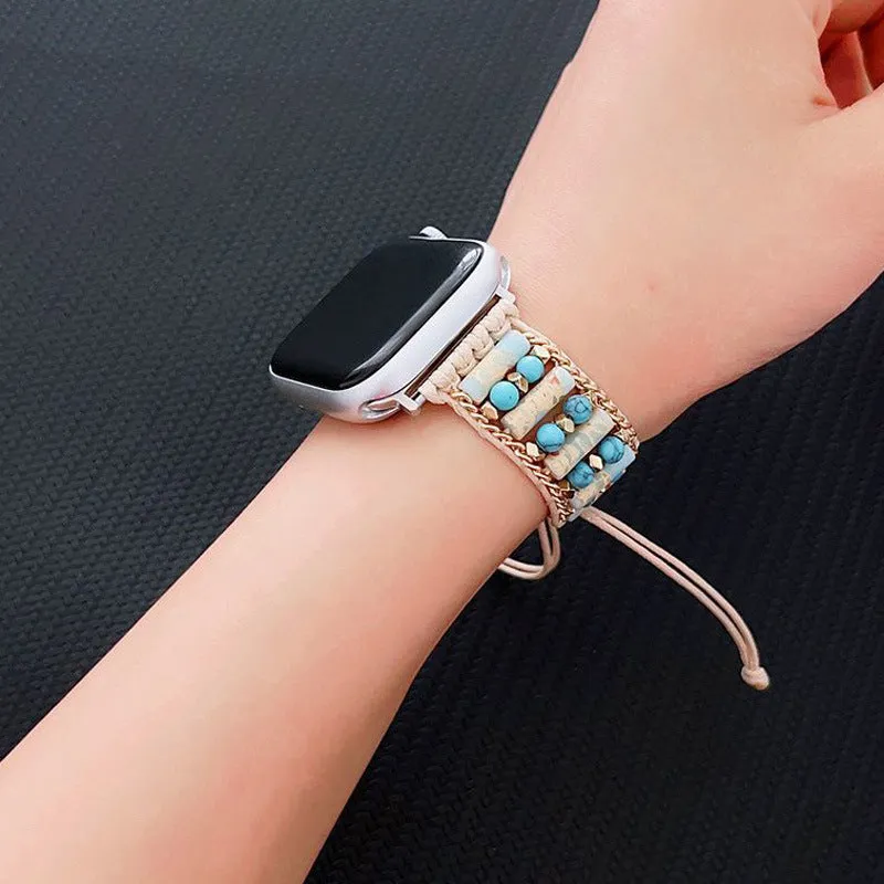 Stone leather rope watch band for Apple Watch in blue, fitting 38mm to 49mm case sizes