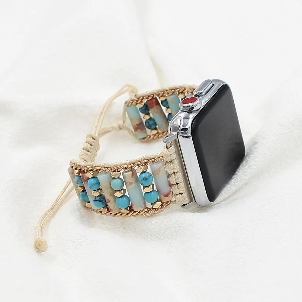 Stone leather rope watch band for Apple Watch in blue, fitting 38mm to 49mm case sizes