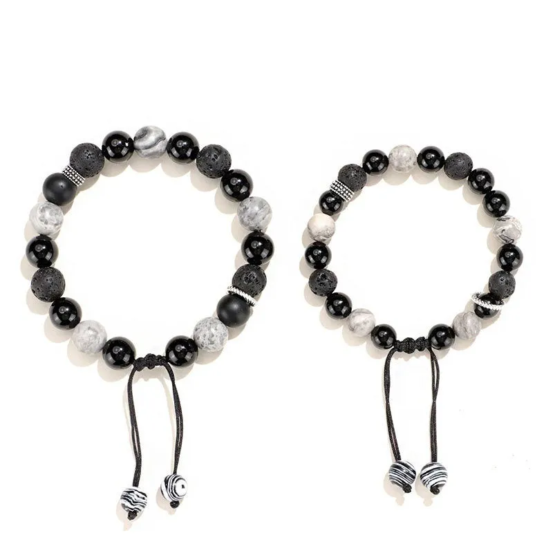 Black agate map stone volcanic rock bracelet with diamond-shaped beads and electroplated finish