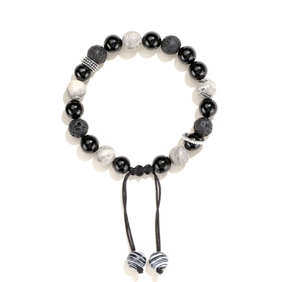 Black agate map stone volcanic rock bracelet with diamond-shaped beads and electroplated finish
