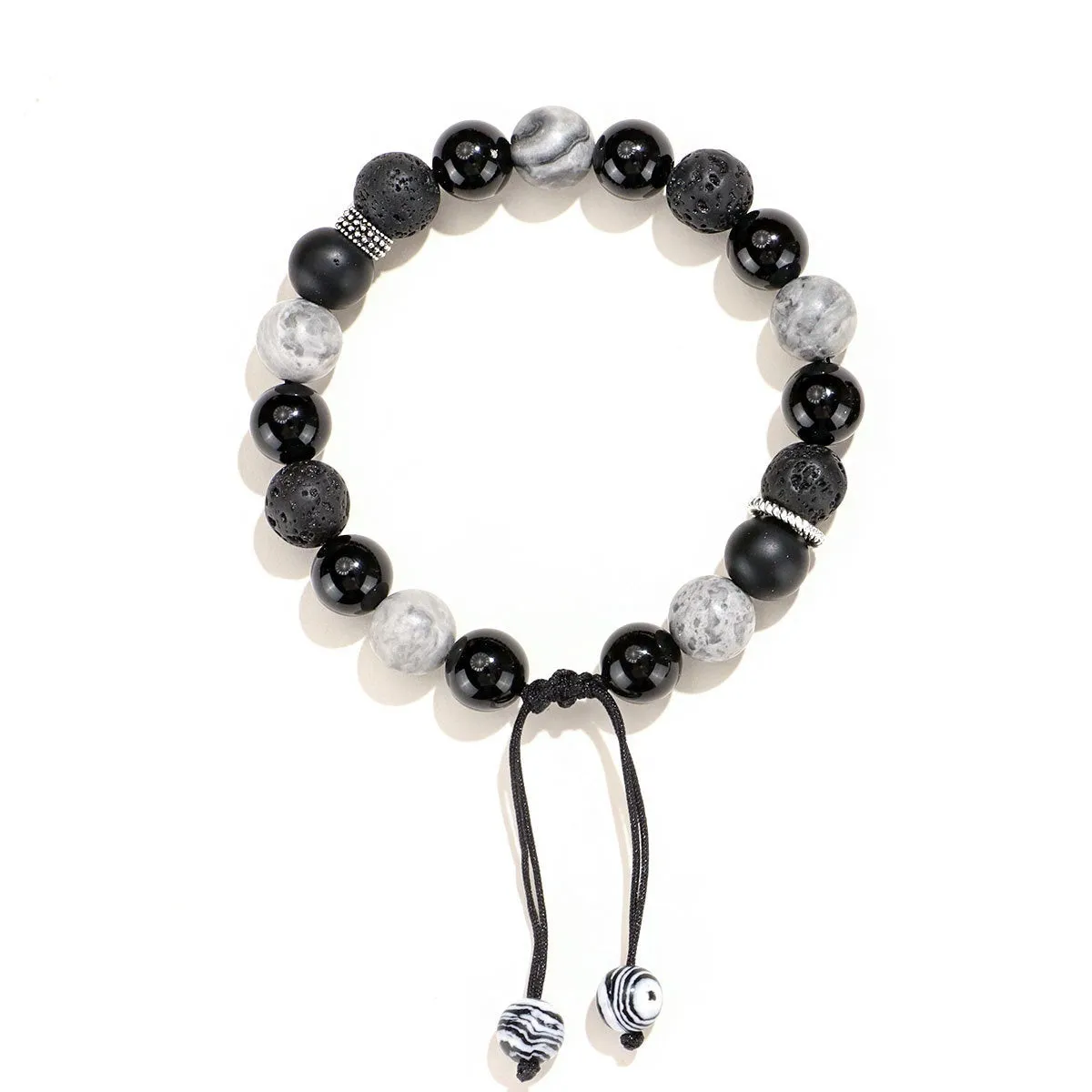 Black agate map stone volcanic rock bracelet with diamond-shaped beads and electroplated finish