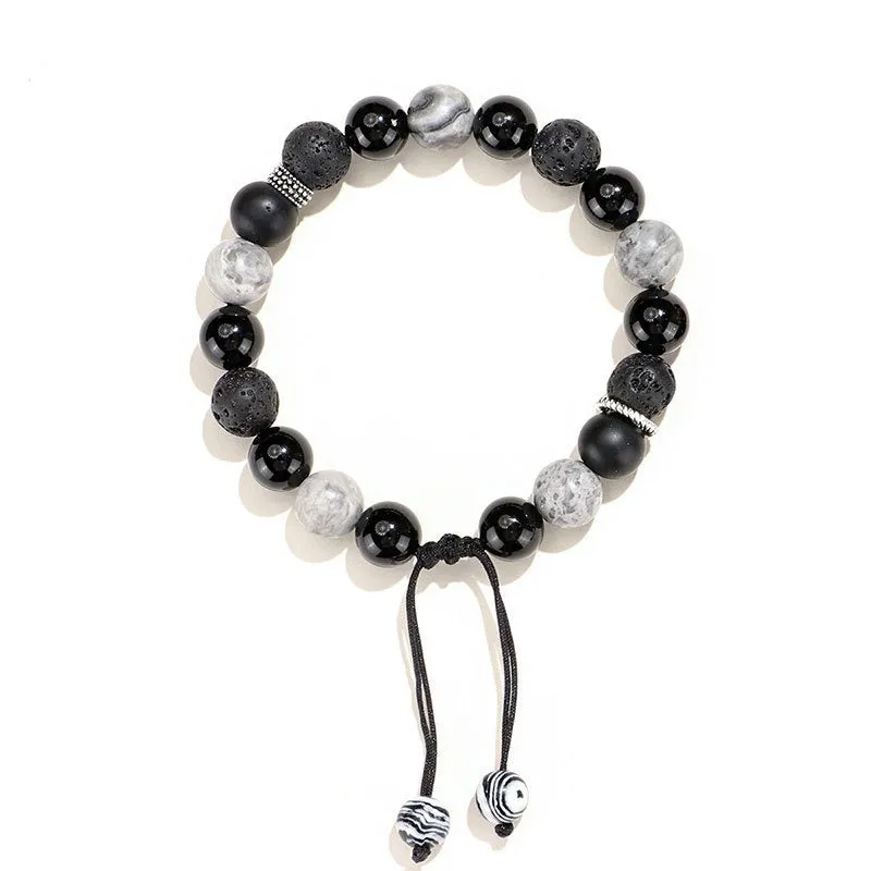 Black agate map stone volcanic rock bracelet with diamond-shaped beads and electroplated finish