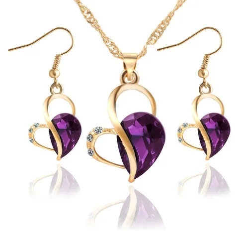 Love Drops heart and pearl alloy jewellery set in Korean style, blue colour variant, with necklace and earrings