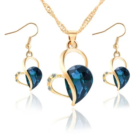 Love Drops heart and pearl alloy jewellery set in Korean style, blue colour variant, with necklace and earrings